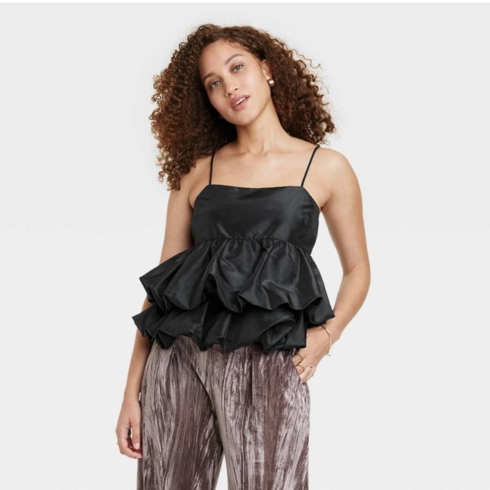 Women's Tiered Taffeta Tank Top - A New Day Black Size Medium New With Tags